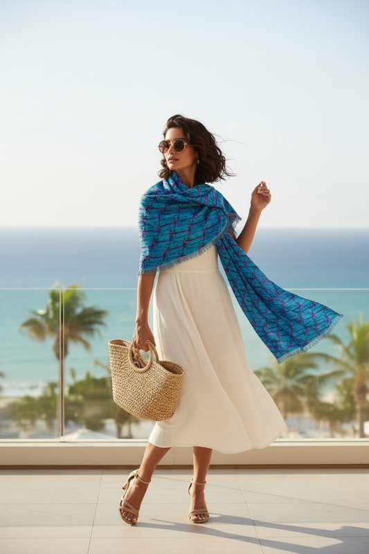 Light Scarf — Blue Geometric Patterned Lightweight Fashion Scarf