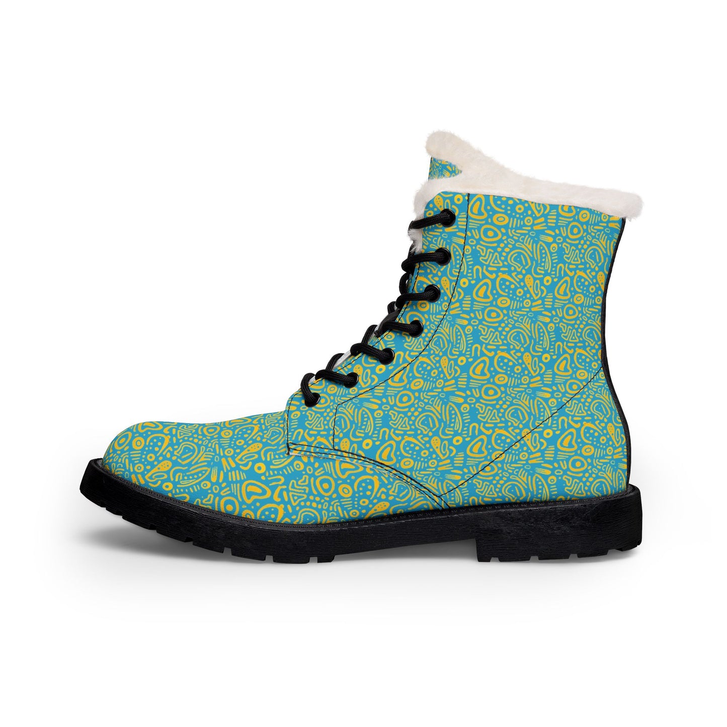 Women's Fur-Lined Leather Boots — Turquoise Floral Pattern Winter Ankle Boots
