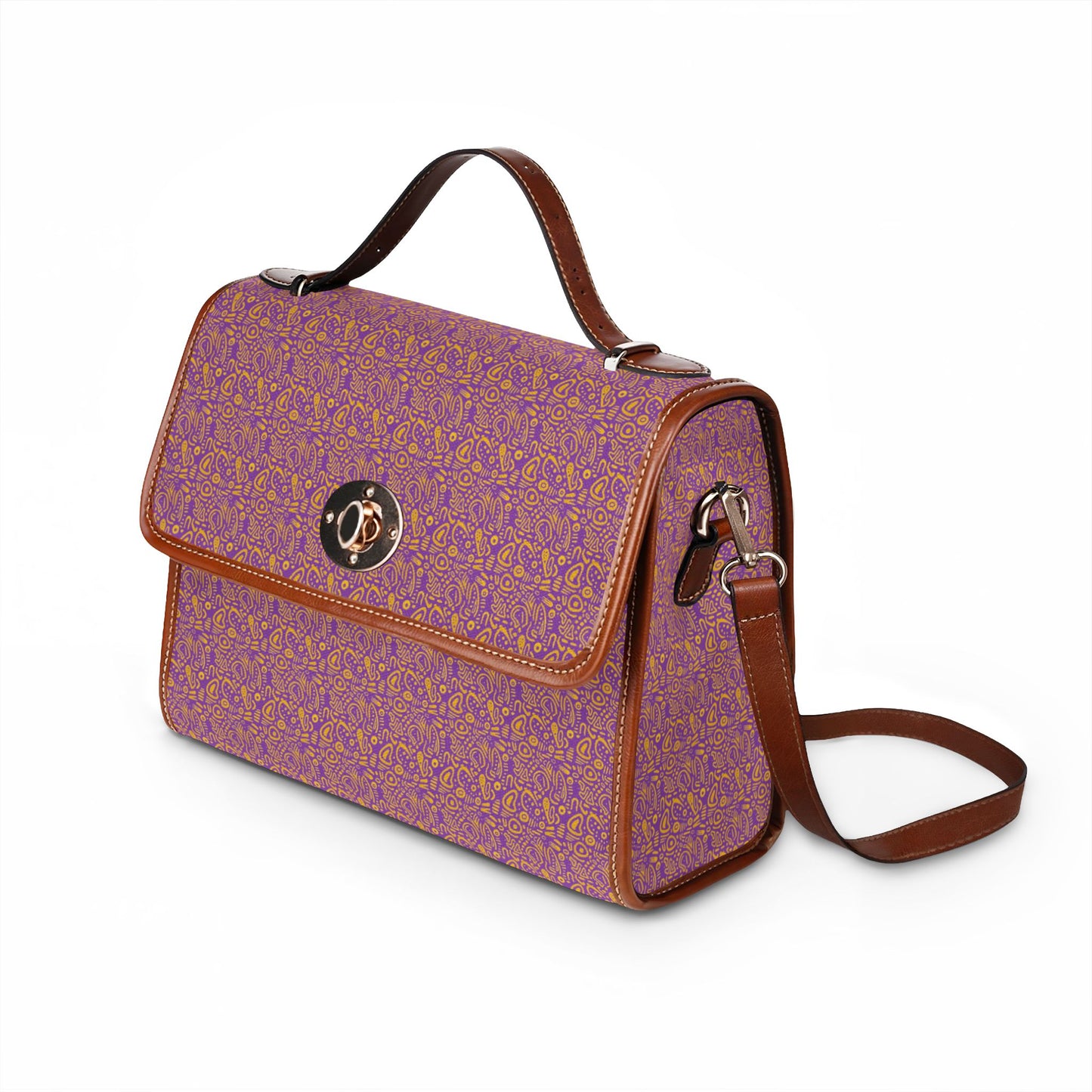 Waterproof Canvas Bag — Purple Gold Floral Satchel Purse