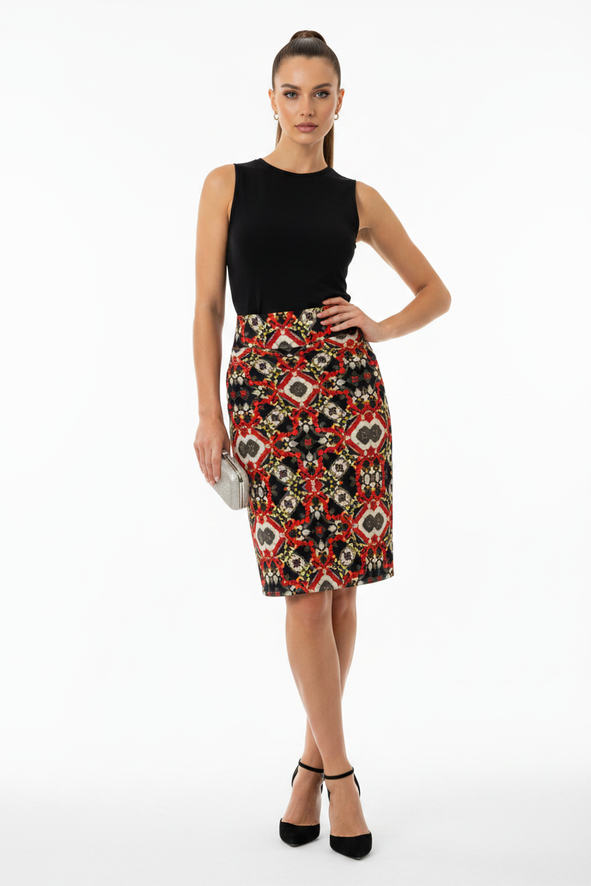Kaleidoscope Red Geometric Pencil Skirt
