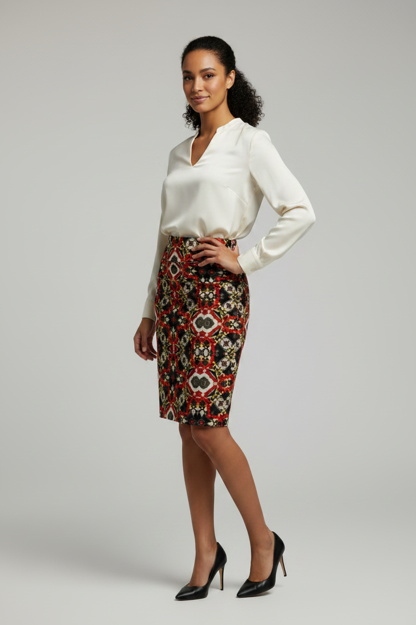 Kaleidoscope Red Geometric Pencil Skirt
