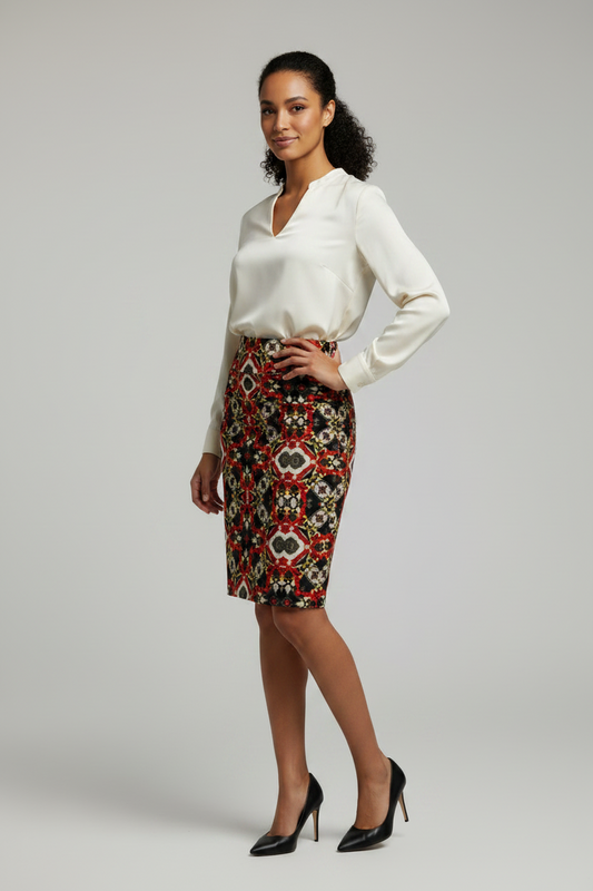 Kaleidoscope Red Geometric Pencil Skirt