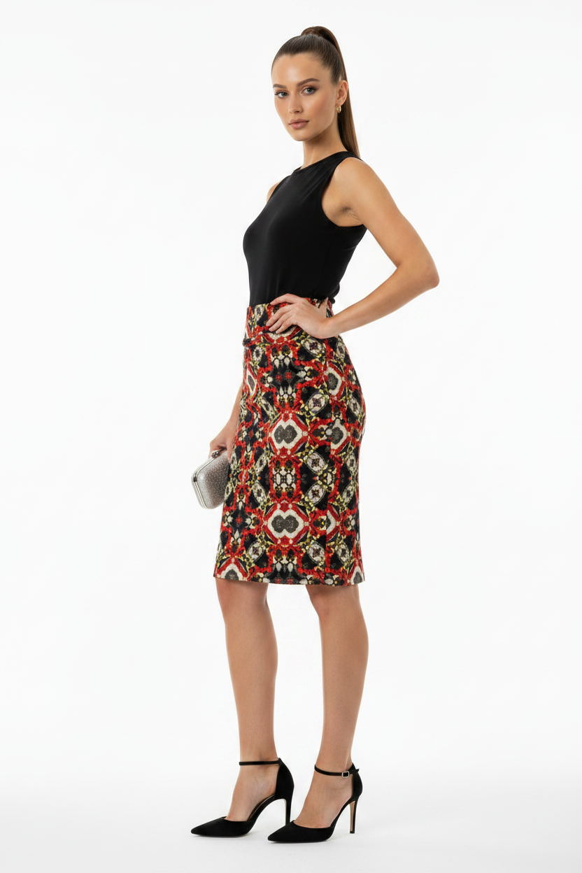 Kaleidoscope Red Geometric Pencil Skirt