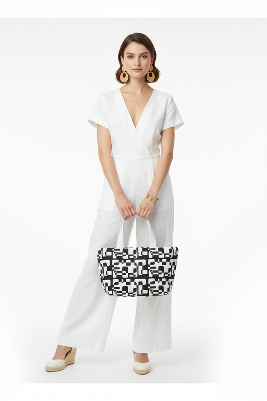 Geometric Black & White Lunch Bag — Retro Modern Insulated Tote