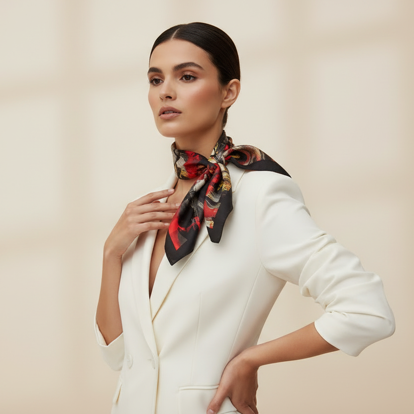 Gold and Grey Scarf-  squared abstract print