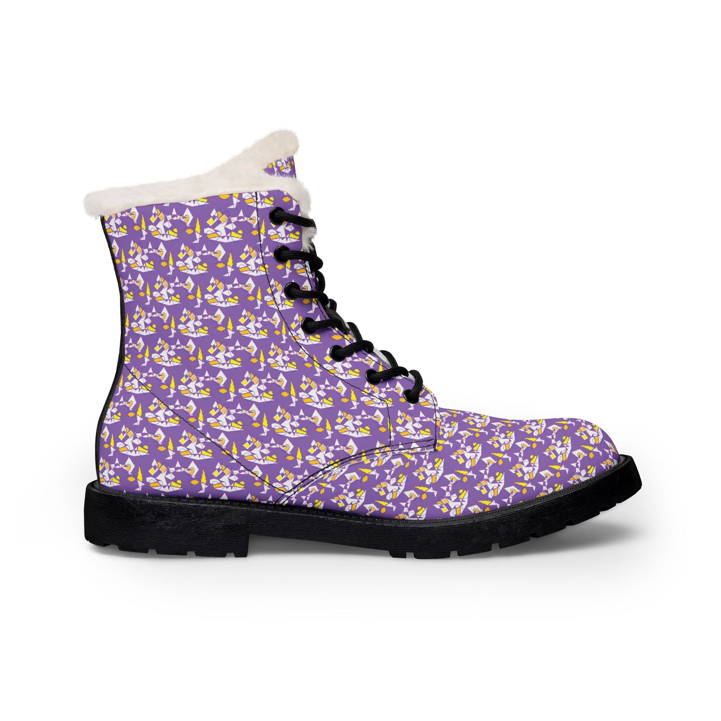 Purple Floral Fur-Lined Leather Boots — Women's Cozy Winter Lace-Up Boots