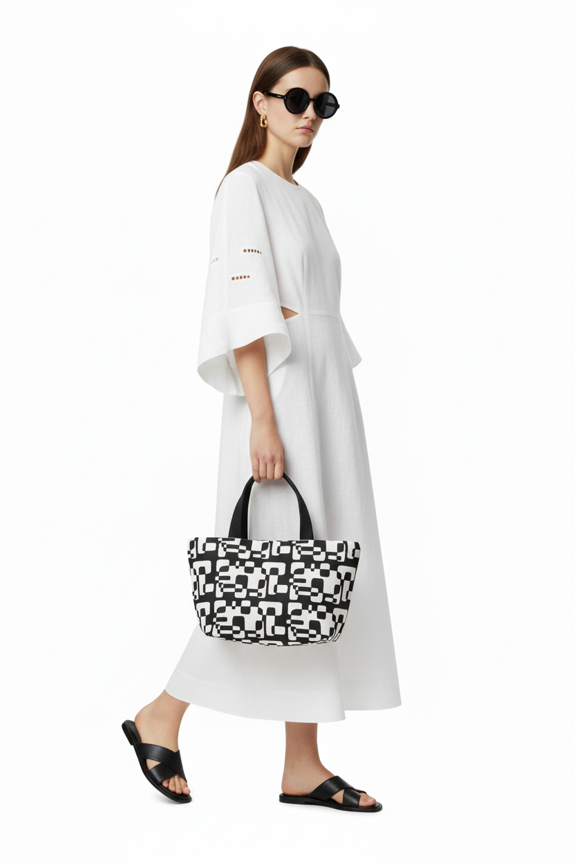Geometric Black & White Lunch Bag — Retro Modern Insulated Tote