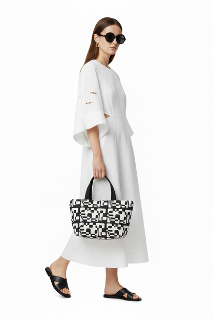 Geometric Black & White Lunch Bag — Retro Modern Insulated Tote