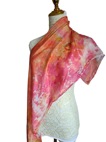 Pink and Gold Silk Scarf: Ice Dyed Handmade Shawl