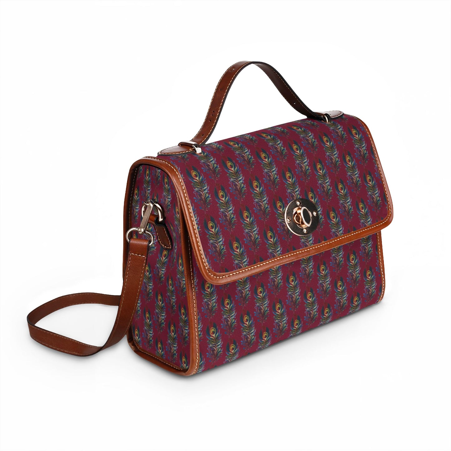 Canvas Bag — Waterproof Burgundy Peacock Feather Print Shoulder Bag