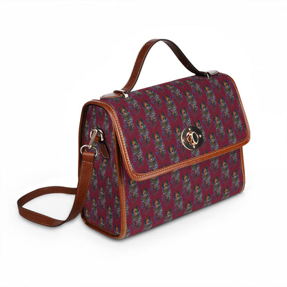 Canvas Bag — Waterproof Burgundy Peacock Feather Print Shoulder Bag