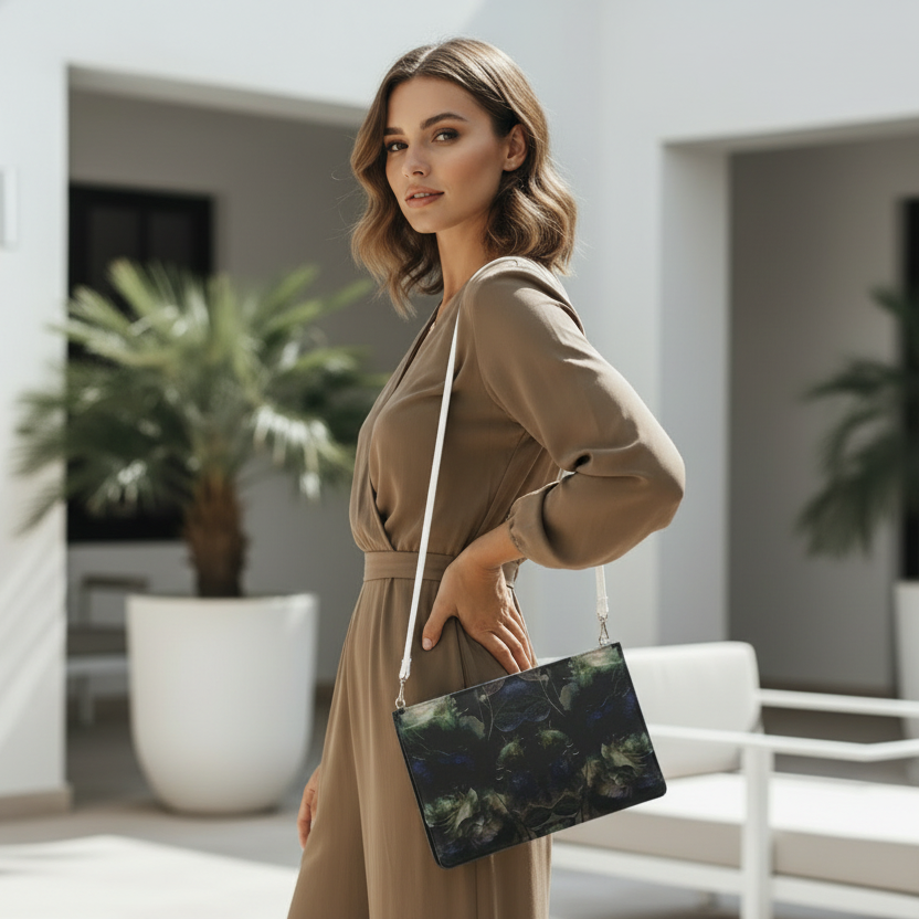 Dark Floral Clutch — Moody Symmetrical Rose Wristlet
