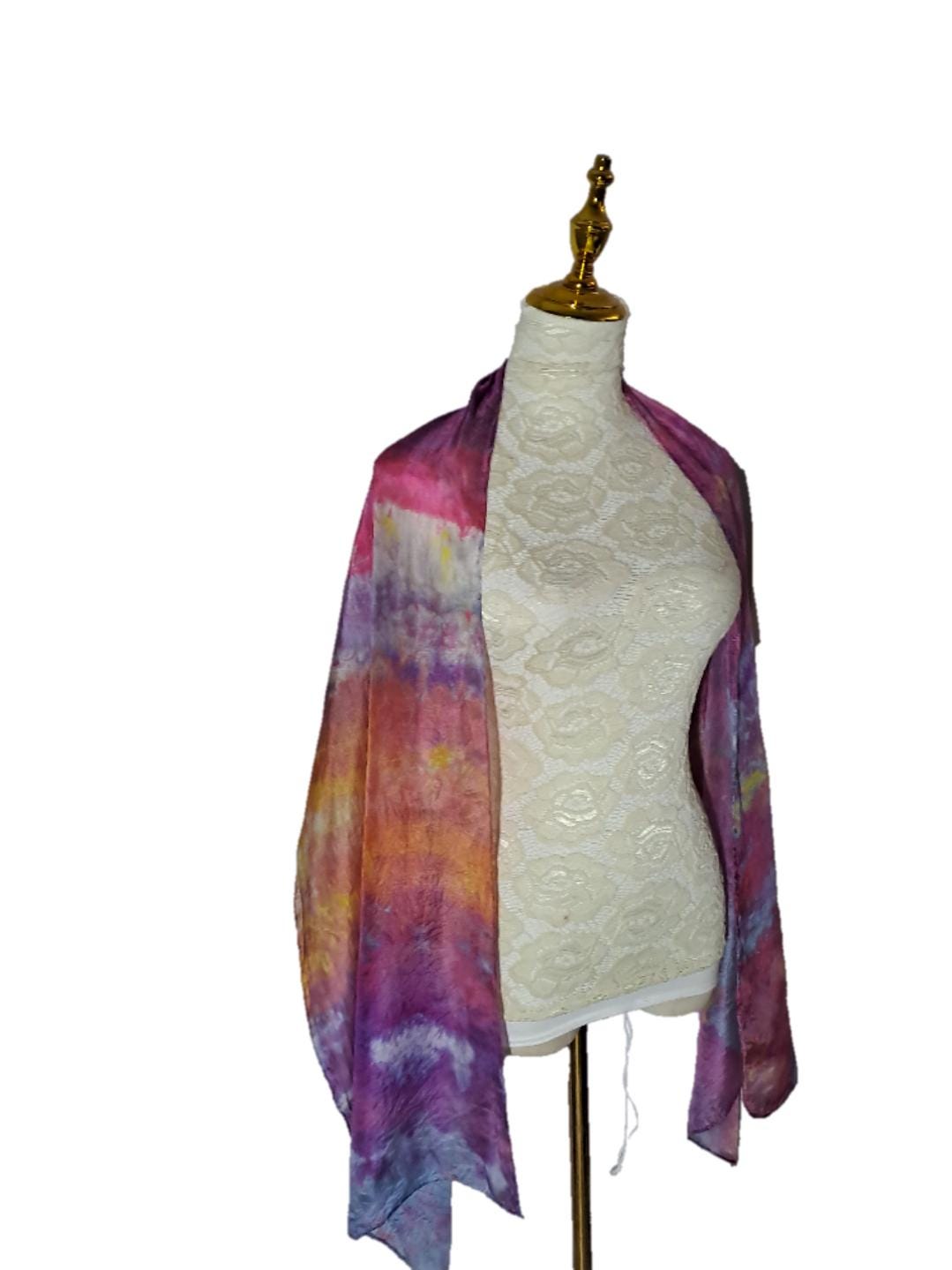 Hand Dyed Silk Scarf: Purple Orange Watercolor Boho Shawl