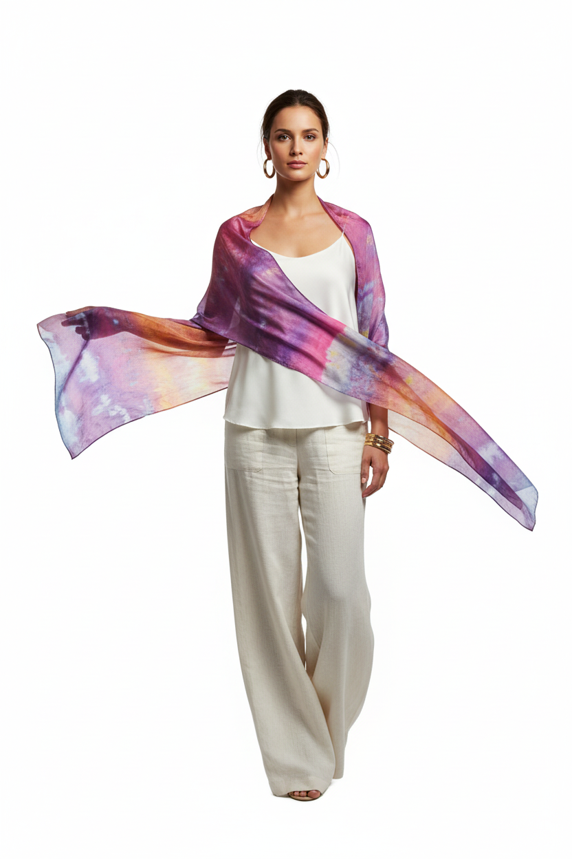 Hand Dyed Silk Scarf: Purple Orange Watercolor Boho Shawl