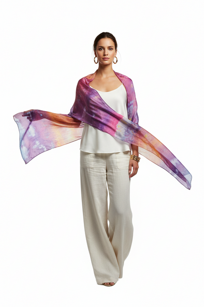 Hand Dyed Silk Scarf: Purple Orange Watercolor Boho Shawl