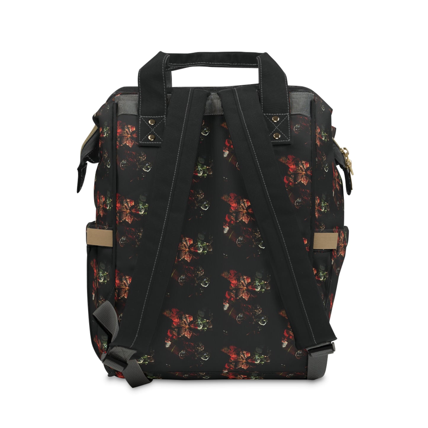 Floral Black Multifunctional Diaper Backpack — Large Travel Nappy Bag with Changing Mat