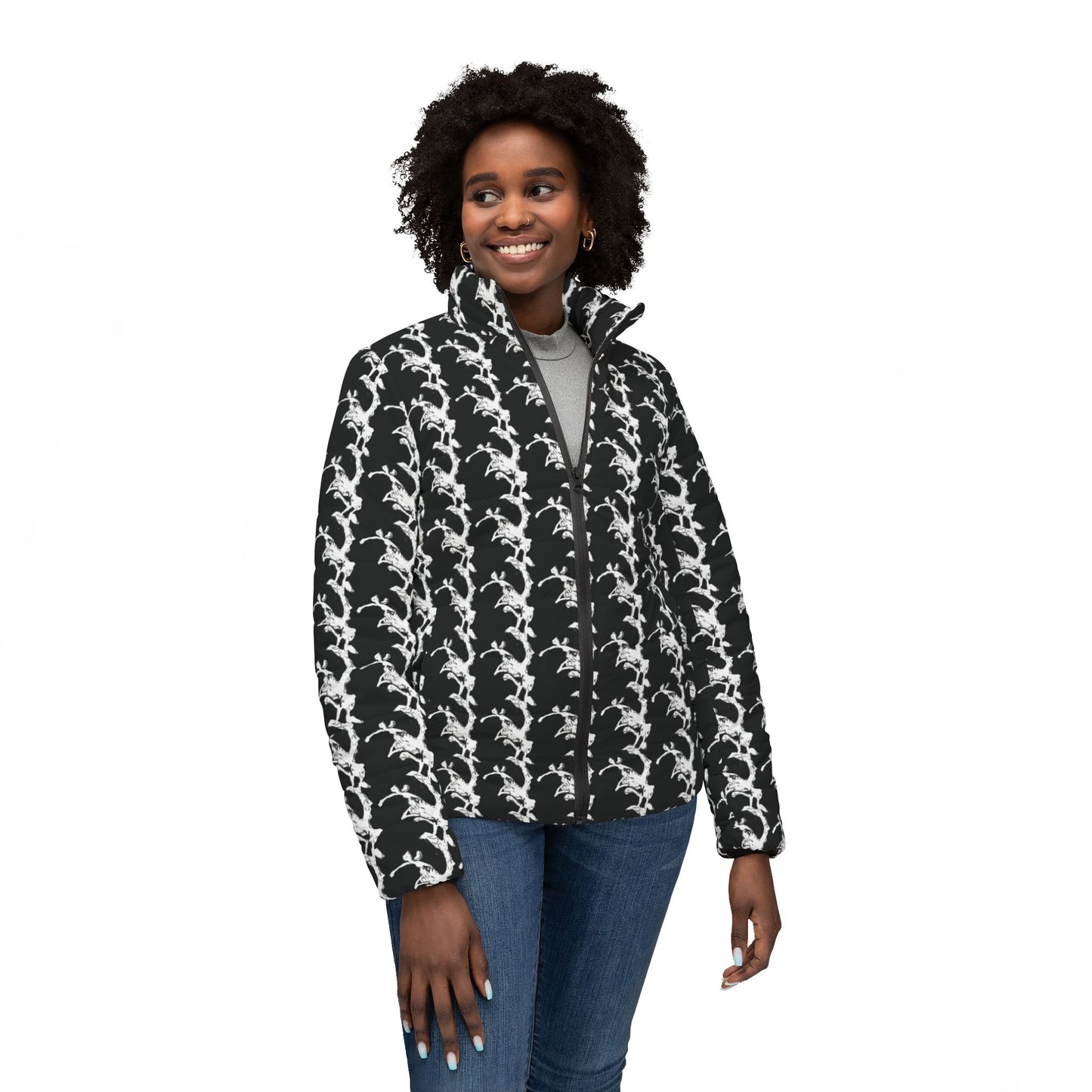 Black and White Lightning Stripe Puffer Jacket | All-Over Print