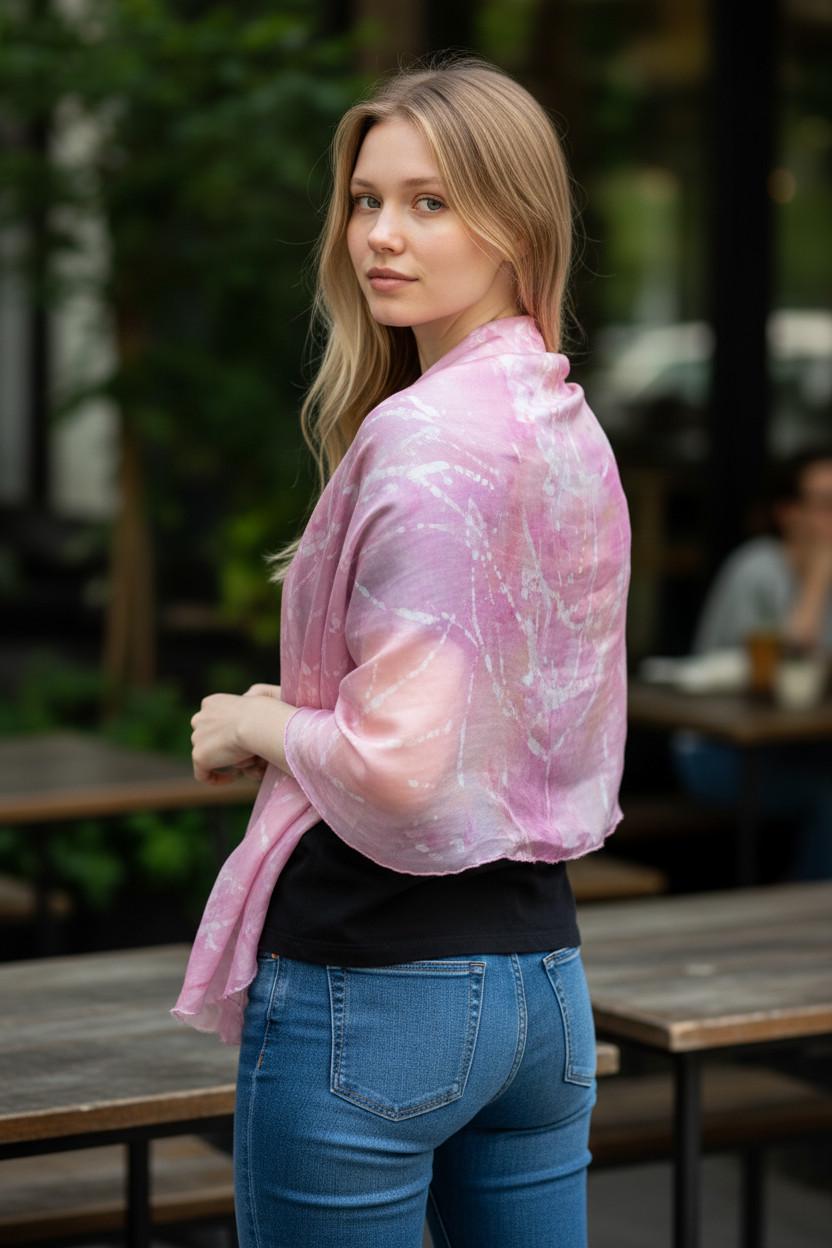 Handmade Pink & Gold Silk Scarf: Ice Dyed Batik
