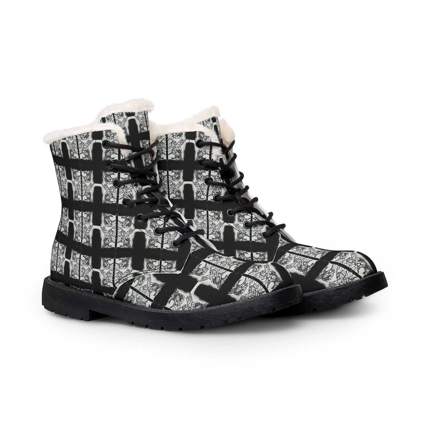 Faux Fur-Lined Leather Combat Boots — Black Plaid Winter Boots for Women