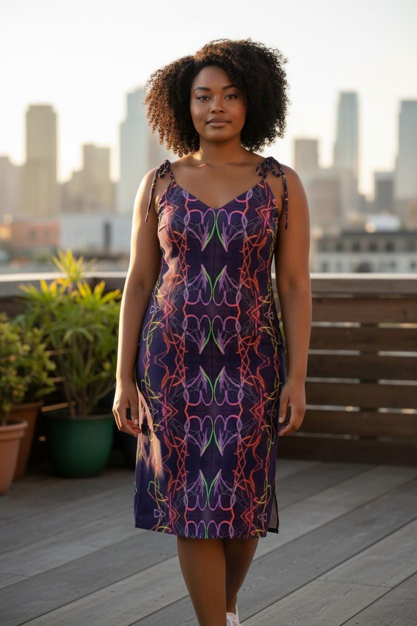 Abstract Pattern Tie-Strap Midi Dress: Handmade Summer Chiffon