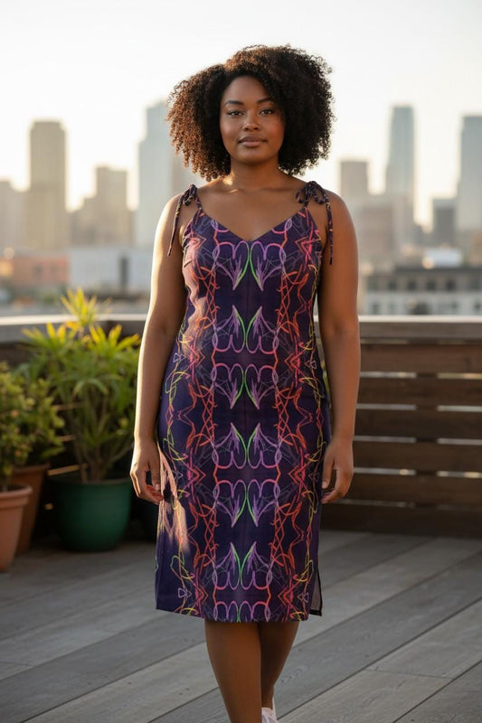 Abstract Pattern Tie-Strap Midi Dress: Handmade Summer Chiffon