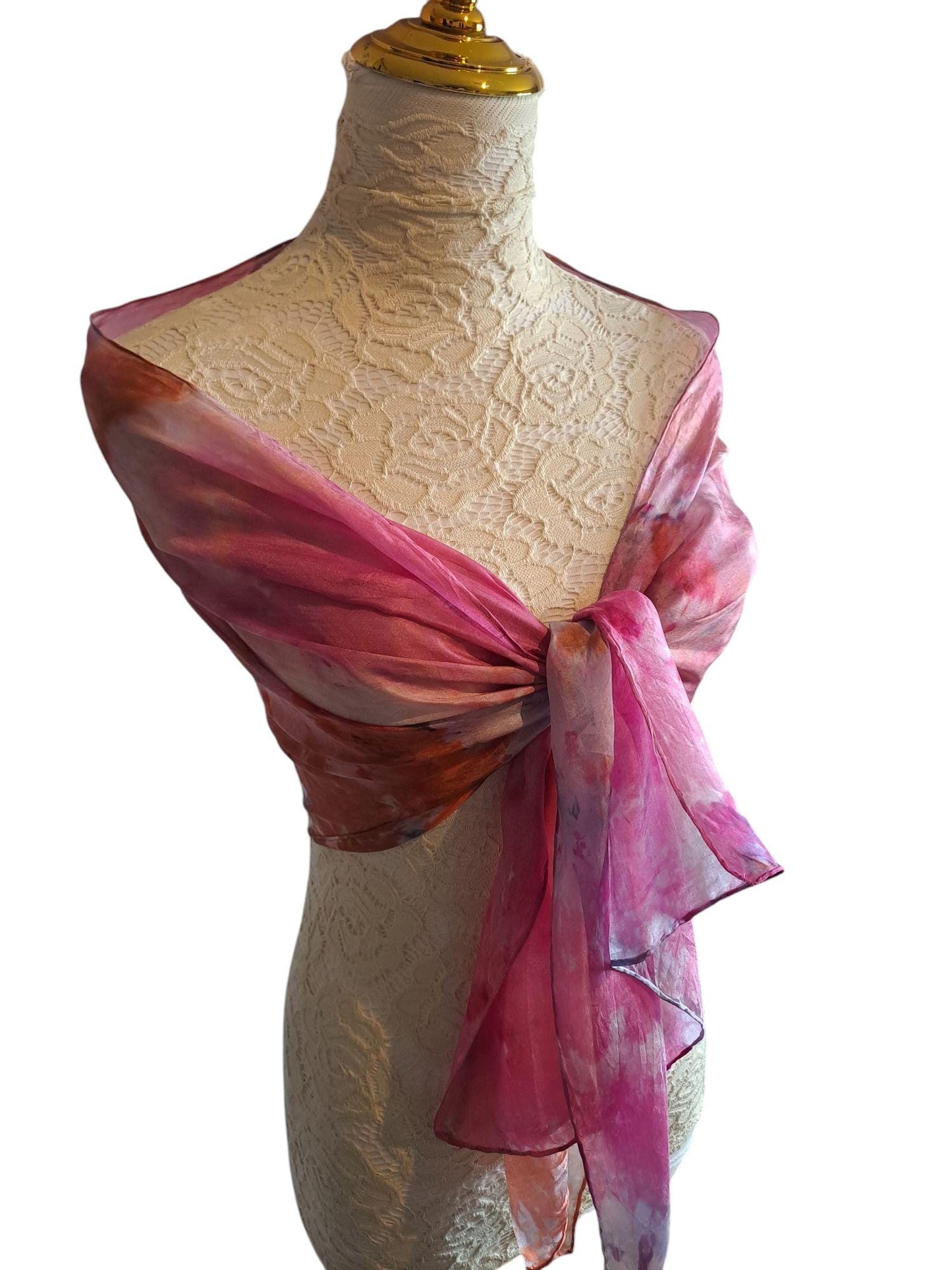 Hand Ice Dyed Silk Scarf: Pink & Gold Floral Shawl