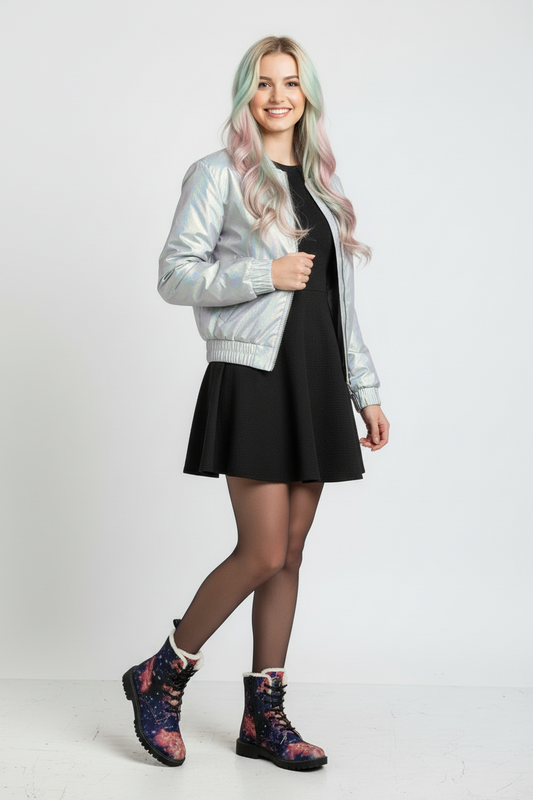 Galaxy Print Fur-Lined Leather Boots — Women's Winter Ankle Boots