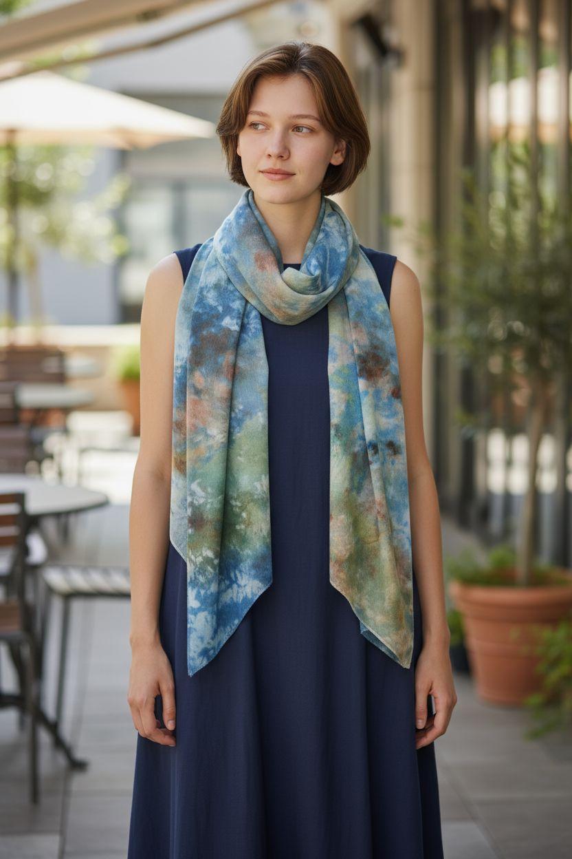 Ice-Dyed Silk Scarf: Teal Green & Golden Yellow Watercolor Shawl