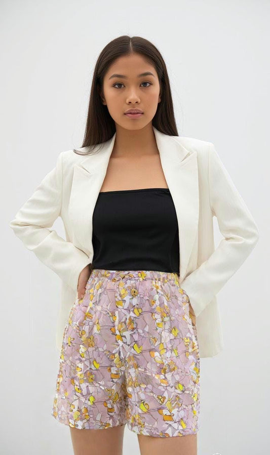 Women Mesh Shorts- Cute & Comfy Summer Shorts with Yellow and Pink Abstract Pattern