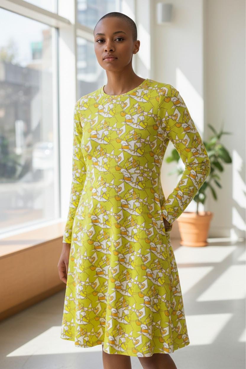 Bright Yellow Abstract A-Line Dress – Long Sleeve Midi with Pockets