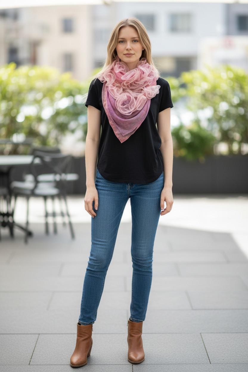 Pink Silk Scarf with Golden Ribbons, Snap Closure Neck Scarf