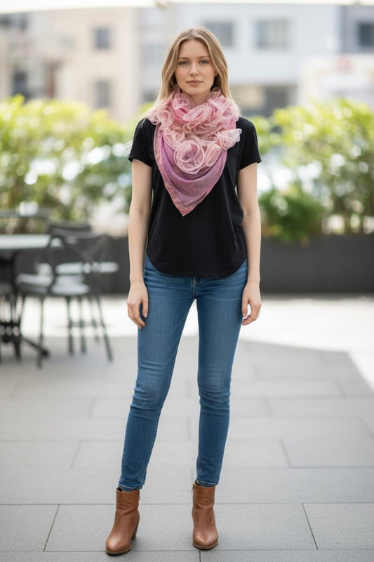 Pink Silk Scarf with Golden Ribbons, Snap Closure Neck Scarf