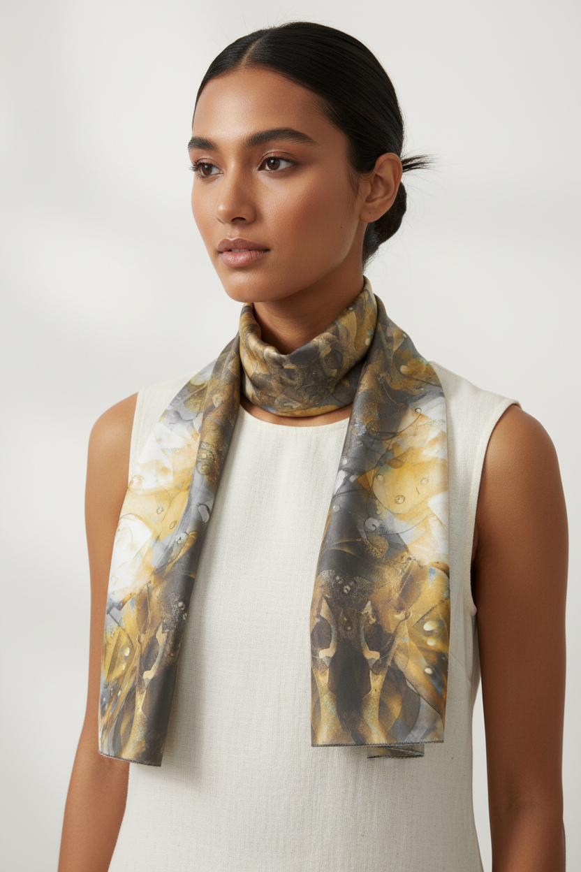 Elegant Chiffon Scarf - White and Gold Lightweight Fashion Accessory - Floral Print Scarf for Women