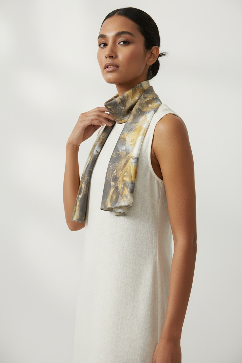 Elegant Chiffon Scarf - White and Gold Lightweight Fashion Accessory - Floral Print Scarf for Women