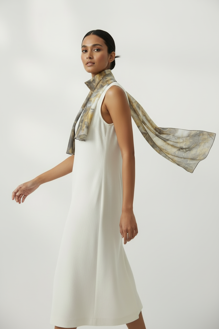Elegant Chiffon Scarf - White and Gold Lightweight Fashion Accessory - Floral Print Scarf for Women