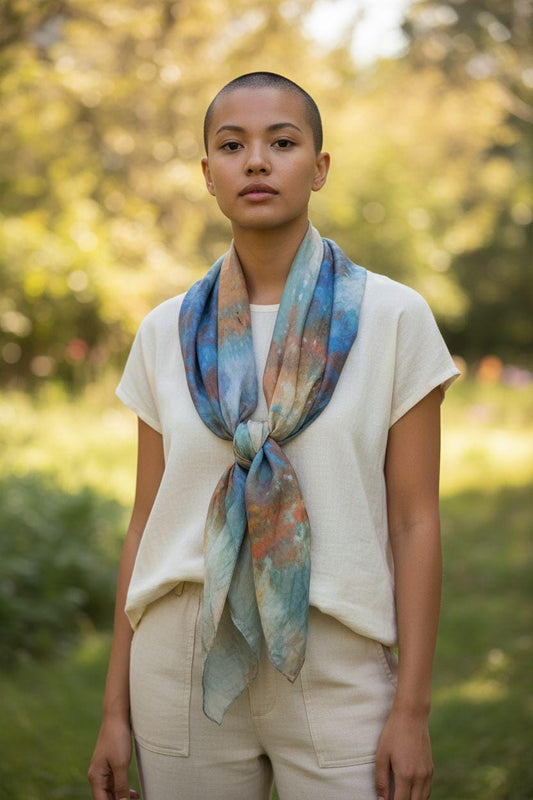 Blue and yellow gold square scarf, stunning abstract design in shades of blue, perfect for adding elegance to any outfit, great gift idea.