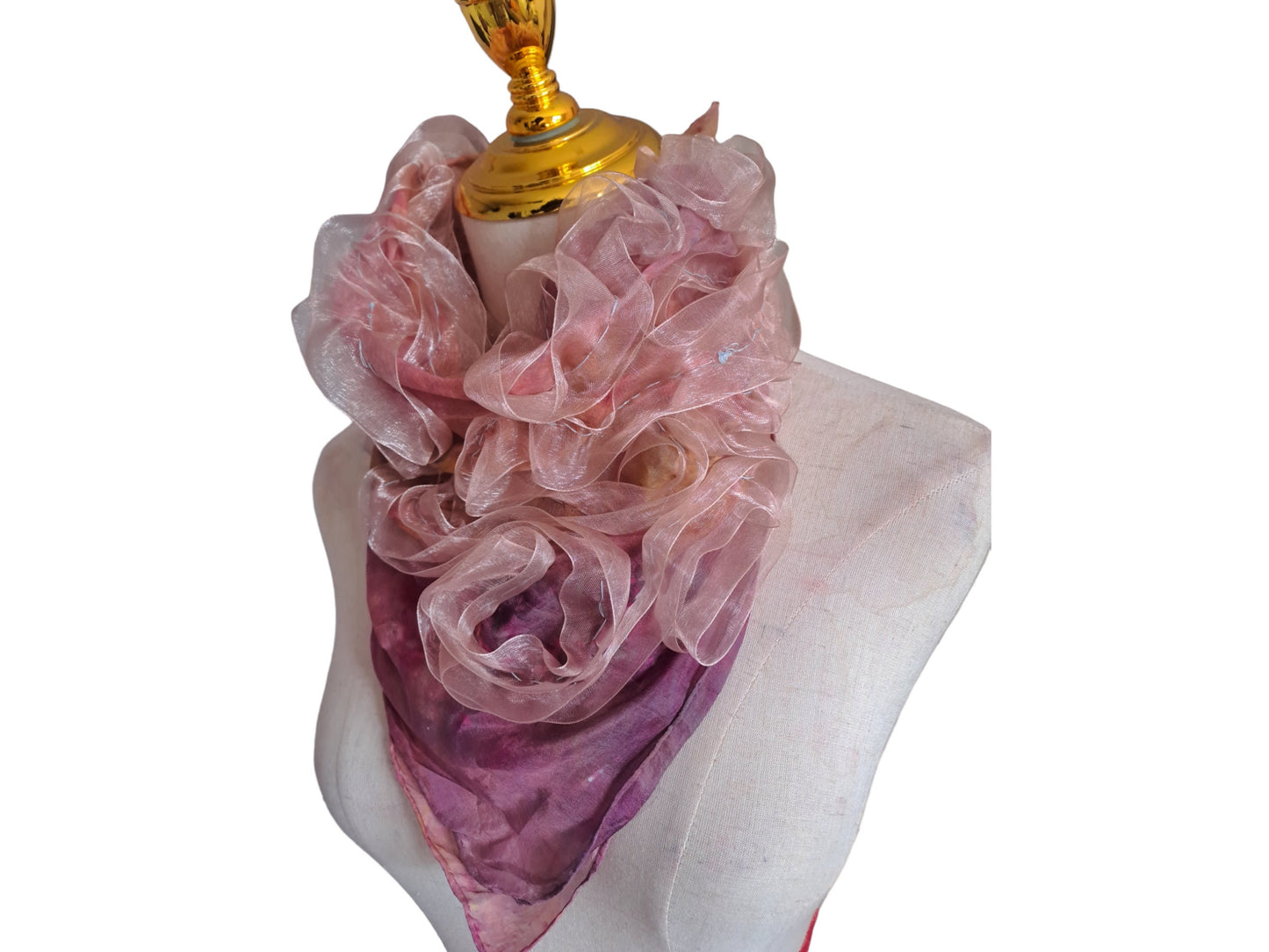 Pink Silk Scarf with Golden Ribbons, Snap Closure Neck Scarf