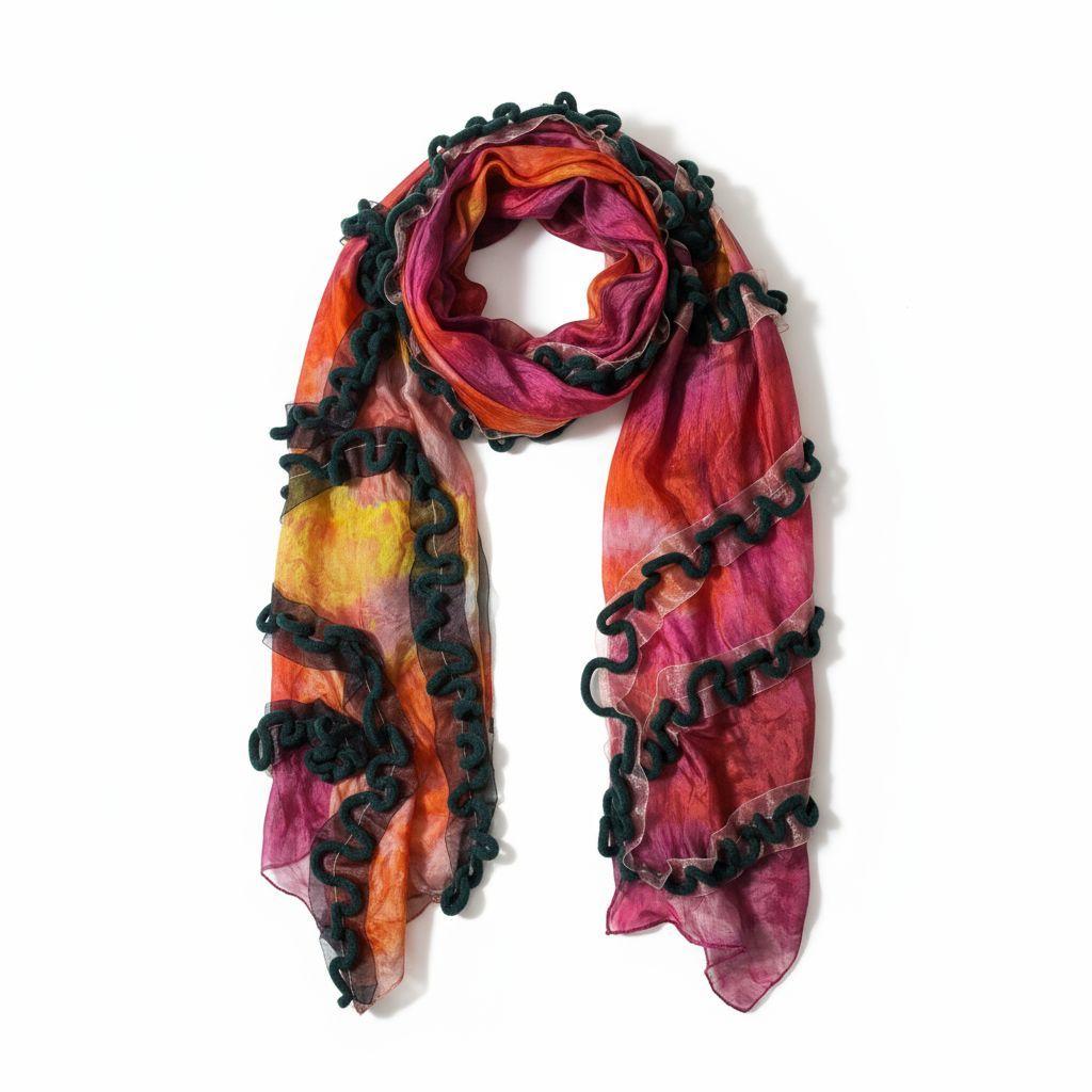 Handmade Hippy Silk Shawl: Orange & Green with Black Ribbons