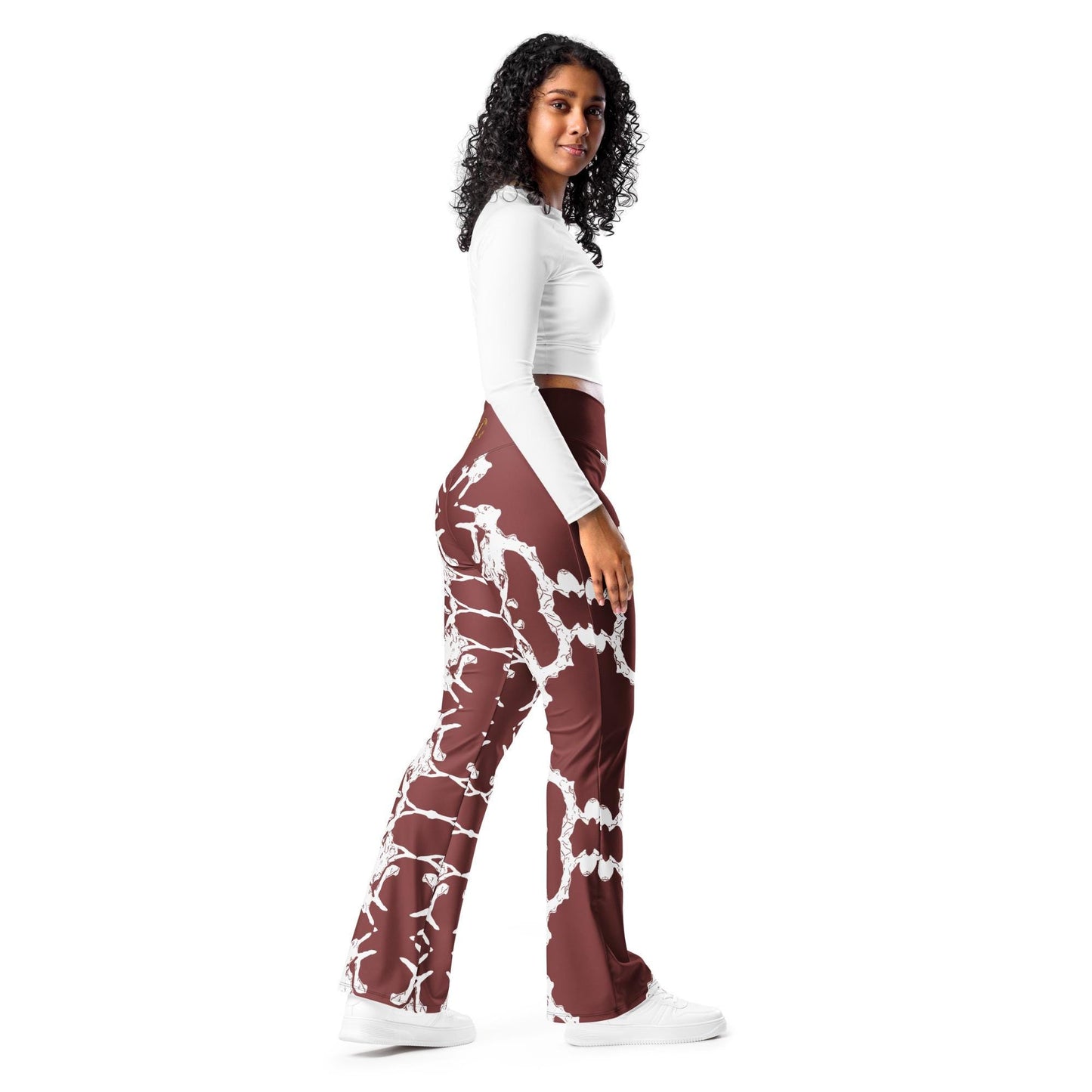 Abstract Flare Leggings: High-Waisted Brown & White Trousers