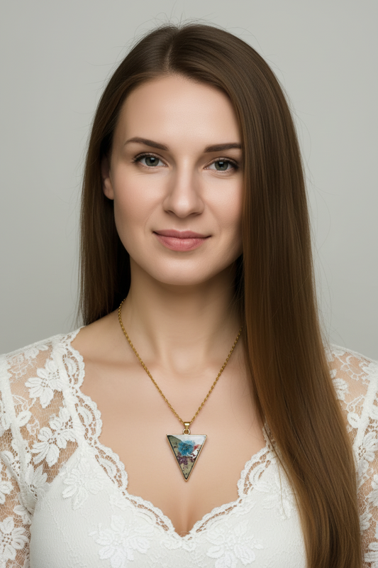 Ethereal Triangle Resin Pendant with Floral & Gold Accents