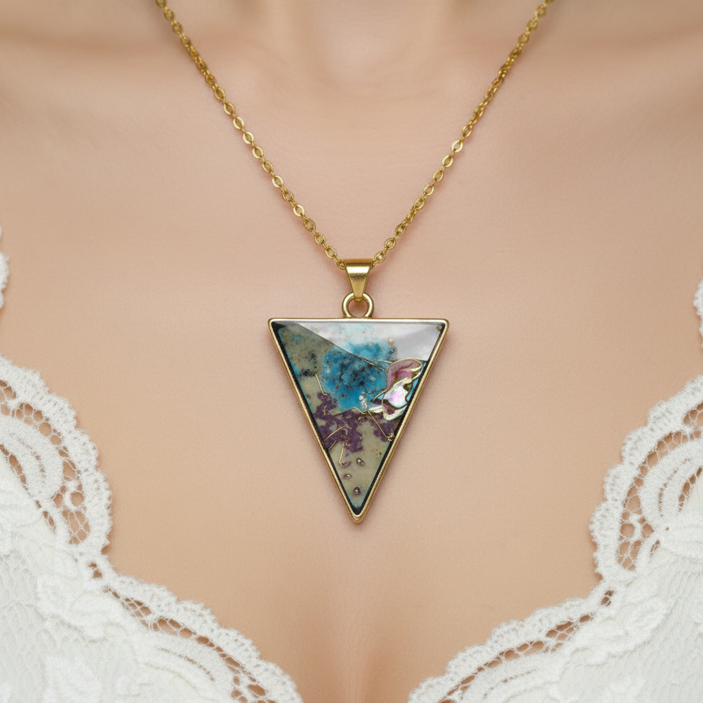 Ethereal Triangle Resin Pendant with Floral & Gold Accents