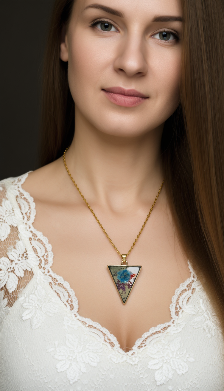 Ethereal Triangle Resin Pendant with Floral & Gold Accents