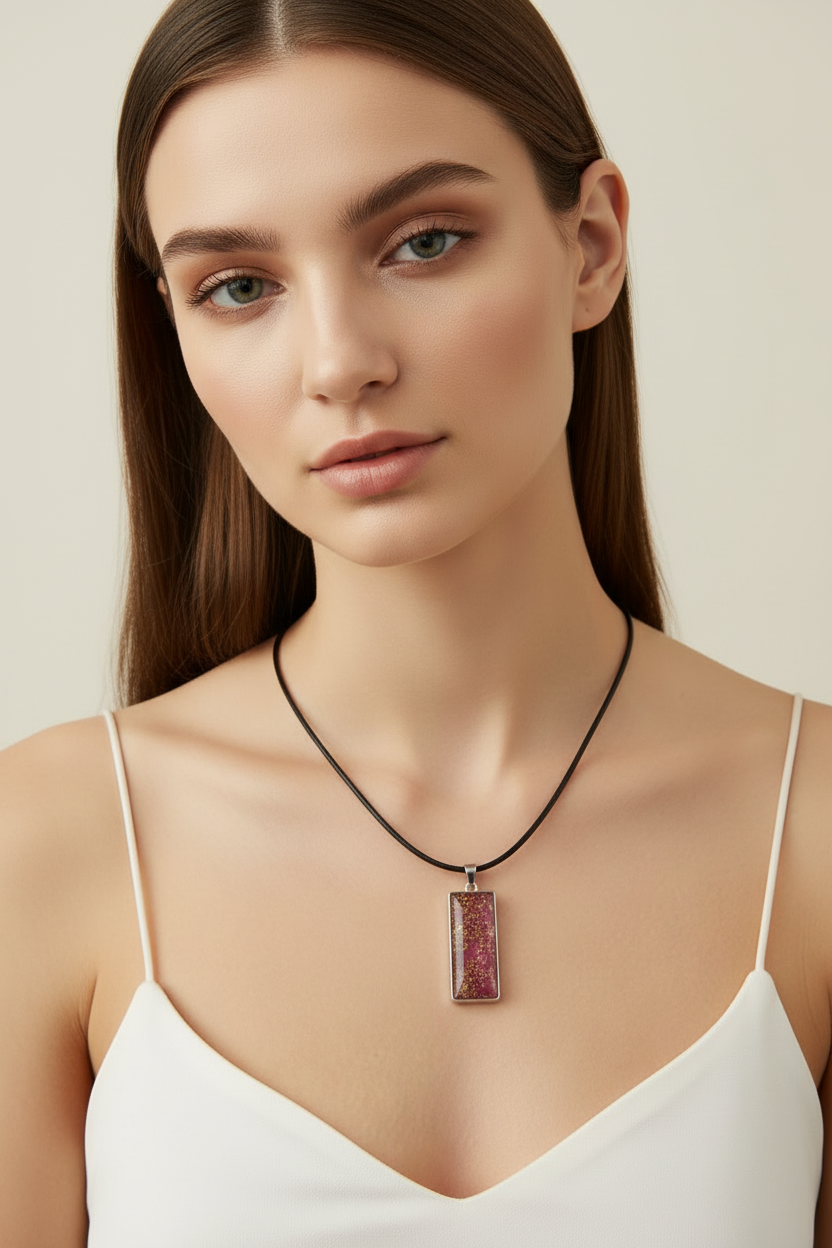Stellar Nebula • Rectangular Resin Pendant in Burgundy & Gold