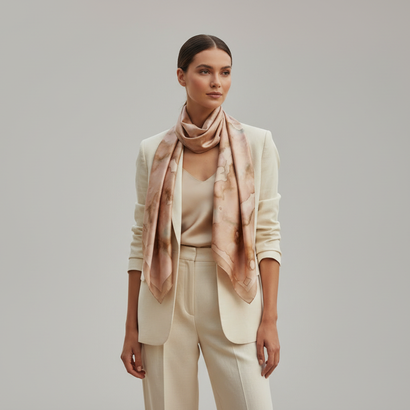 Marbled Blush Silk-Satin Square Scarf