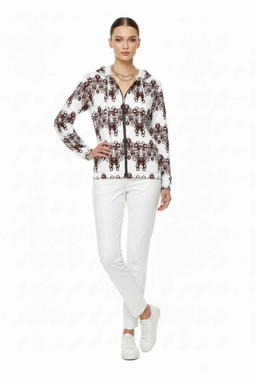 Women’s Zip Hoodie — Burgundy Lace Pattern All-Over Print
