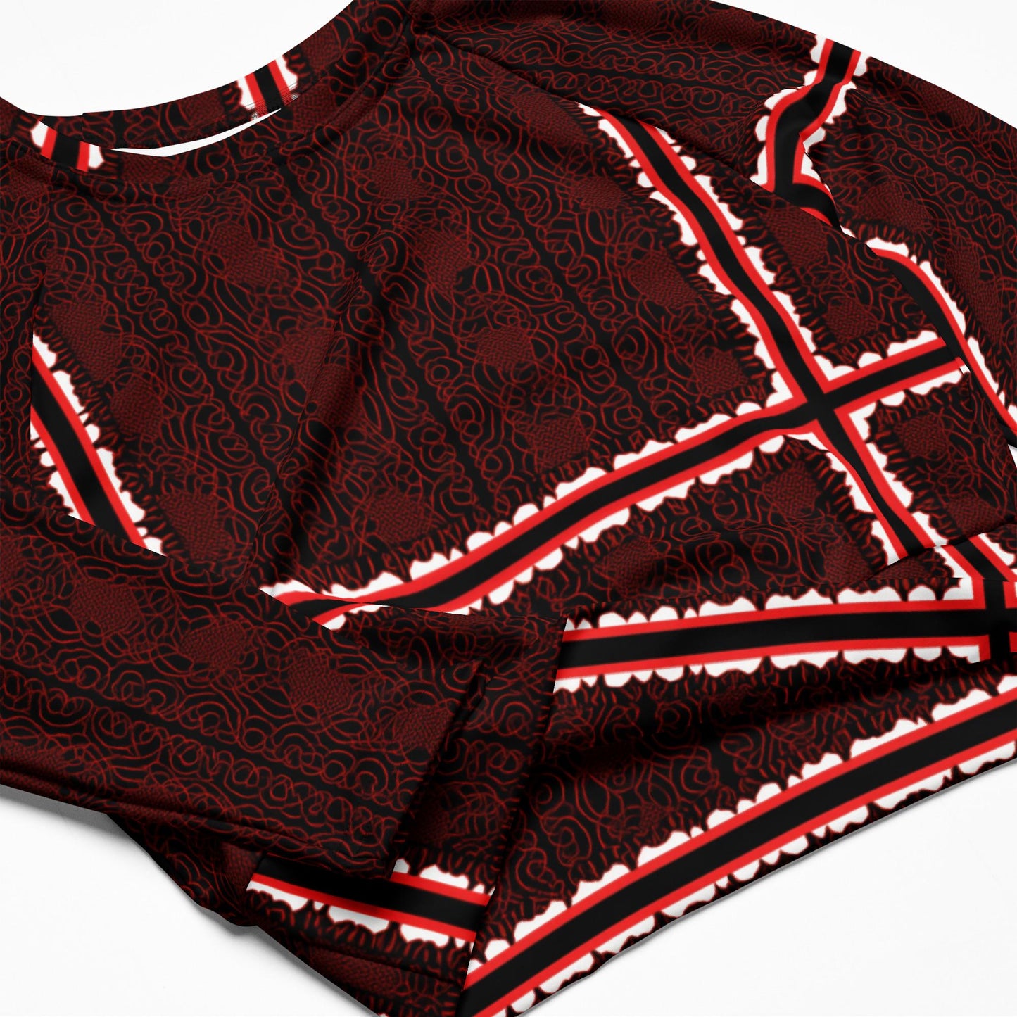 Burgundy Crop Top | Geometric Grid, Long Sleeve Fall Fashion