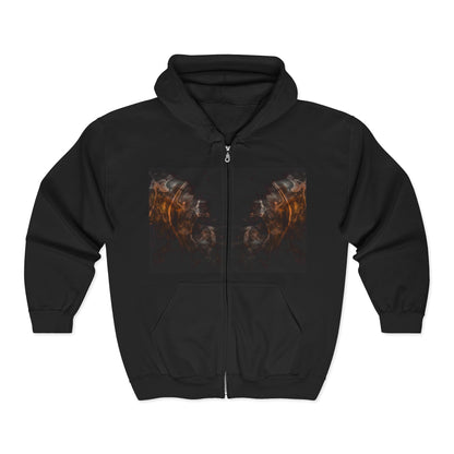 Flame Wings Zip Hoodie — Smoky Fire Angel Graphic Full-Zip Sweatshirt