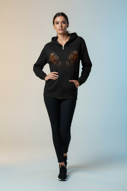 Flame Wings Zip Hoodie — Smoky Fire Angel Graphic Full-Zip Sweatshirt