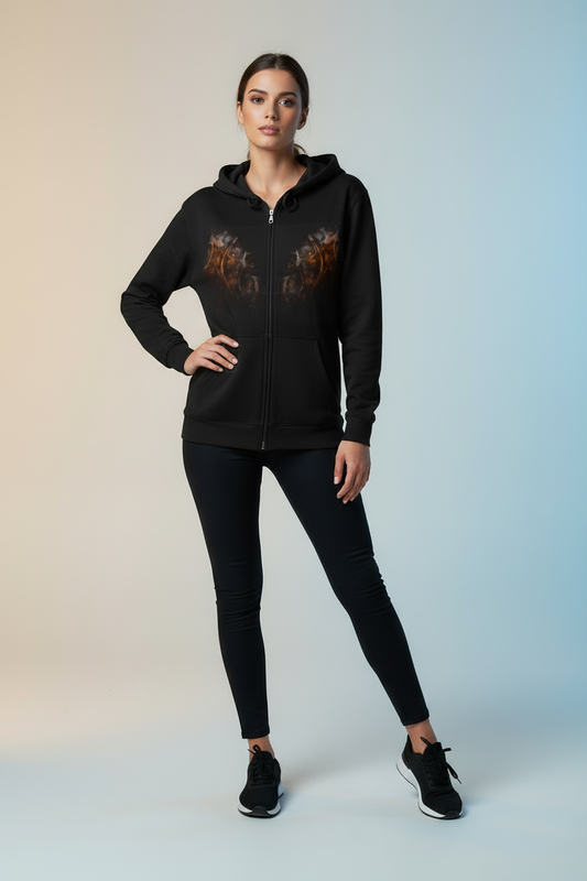 Flame Wings Zip Hoodie — Smoky Fire Angel Graphic Full-Zip Sweatshirt