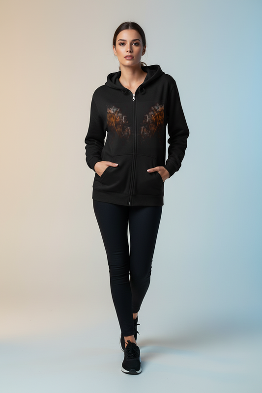 Flame Wings Zip Hoodie — Smoky Fire Angel Graphic Full-Zip Sweatshirt